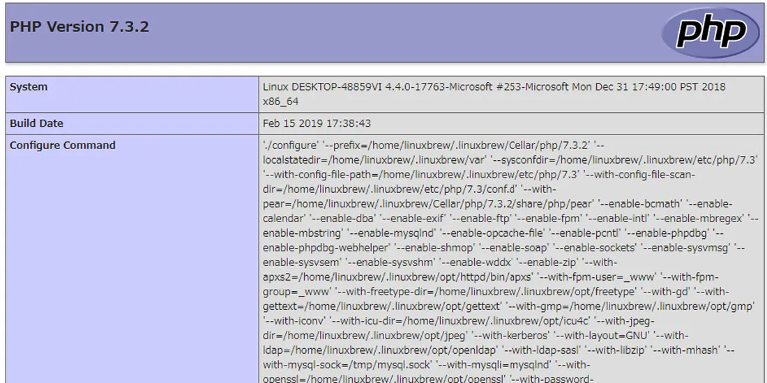 PHPの環境設定がわかるphpinfo関数を表示させた状態のページ